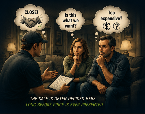 Home improvement salesperson meeting with a homeowner couple as each considers a different outcome before price is presented